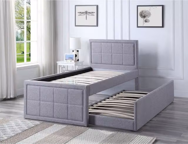 Home Treats Modern Upholstered Single Guest Bed Frame with Pull Out Trundle in Grey