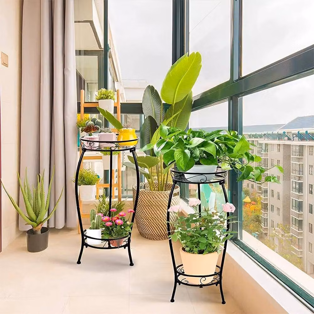 KORVIXA 2 Tier Metal Plant Stand in Black for your Living Room, Height: 100 cm – 4