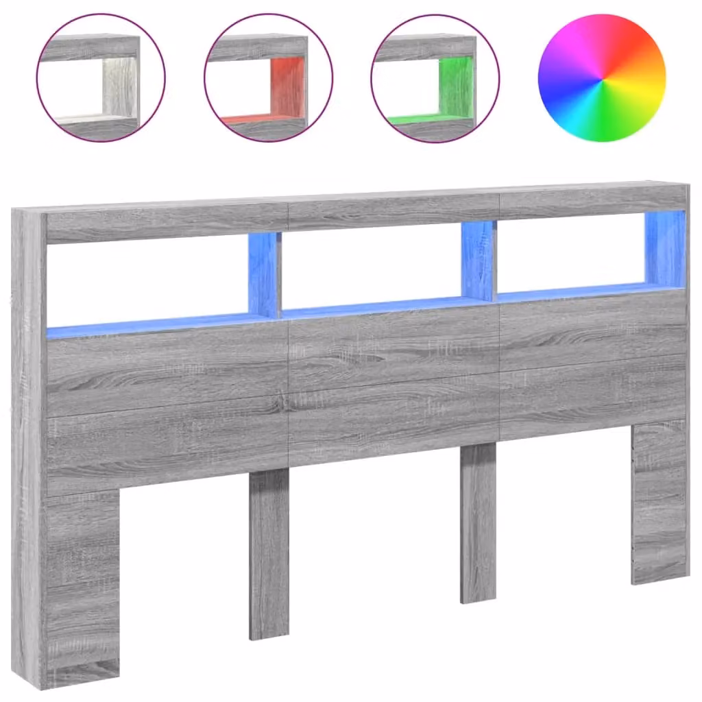 Berkfield Home Modern Headboard Cabinet with LED Lighting and USB Charging Port, Grey Sonoma, W/D/H: 180 x 17 x 102 cm – 2