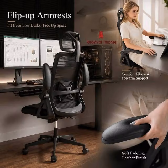 Realm of Thrones Black Mesh Office and Gaming Chair with Flip-Up Armrests and Adjustable Lumbar Support