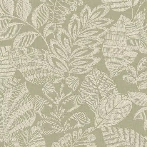 Grandeco Madou Stitched Leaves Blown Vinyl Wallpaper, Green Botanical Floral Scandinavian Design