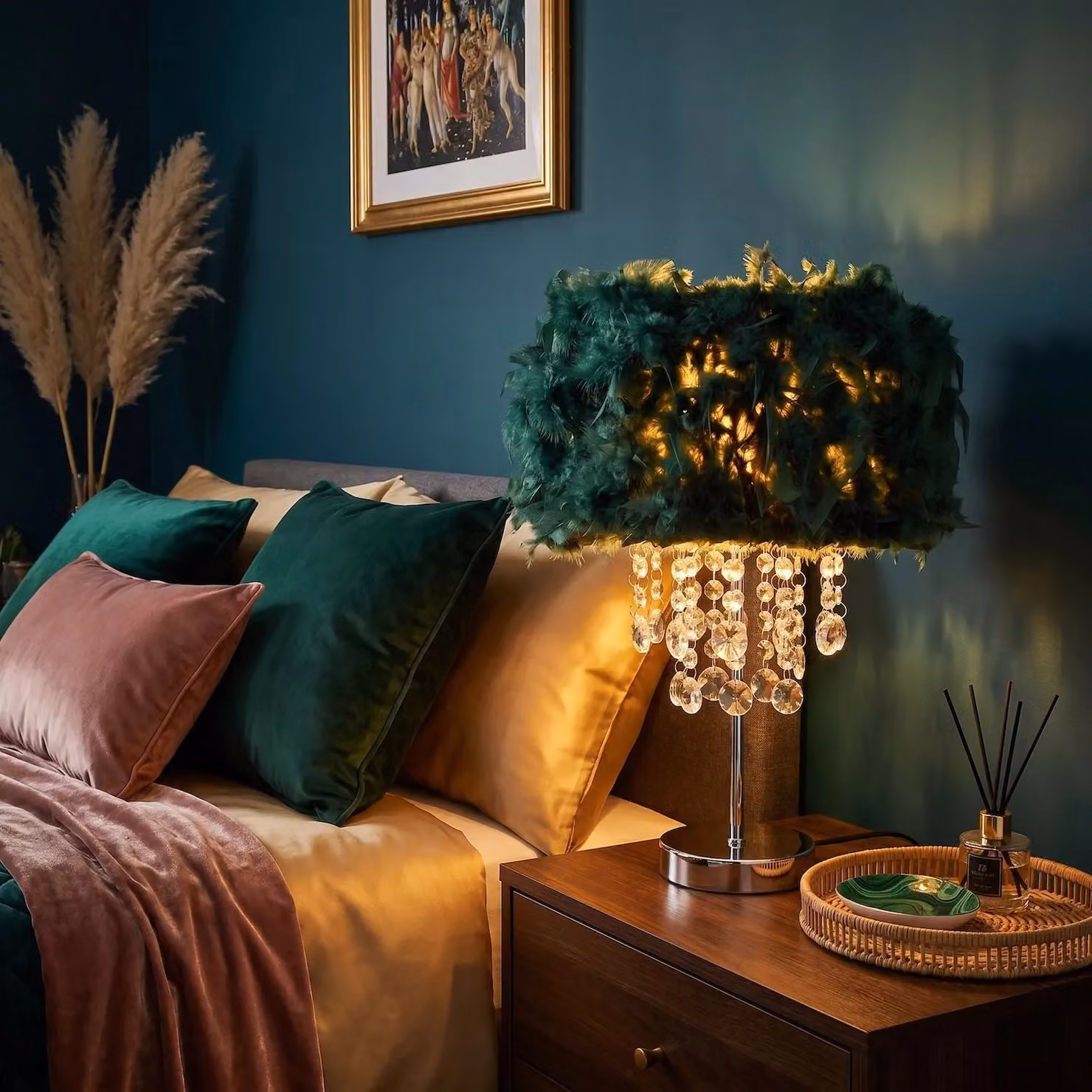 Happy Homewares Modern Feather Table Lamp with Green and Transparent Acrylic Droplets – 2
