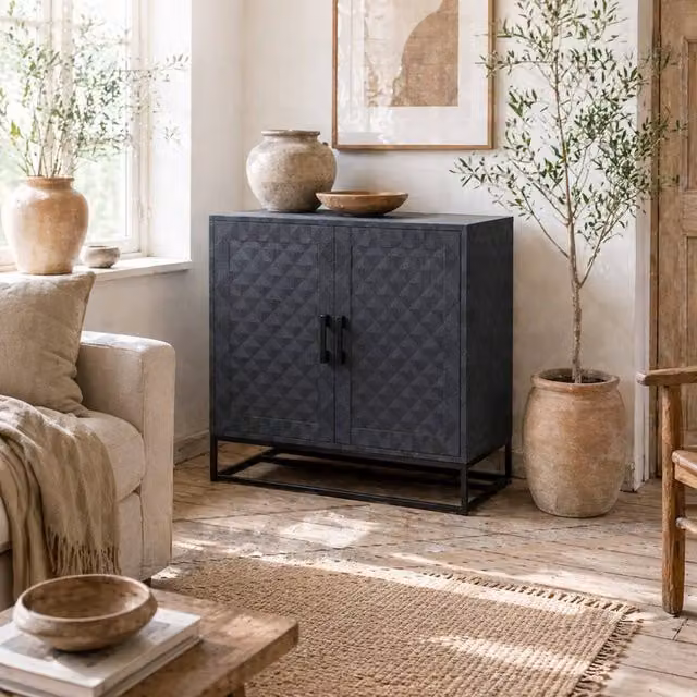 Wyld Haus Nelima Black Freestanding Sideboard with Double Doors and Geometric Pattern – 1
