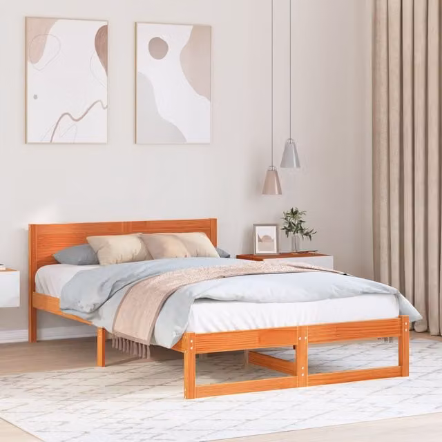 Berkfield Home Solid Pine Wood Bed Frame in Waxed Brown, W/D/H: 140 x 190 cm