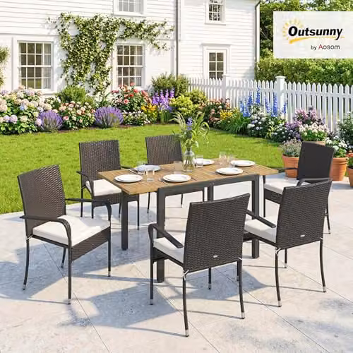 Outsunny 7 Piece Rattan Garden Furniture Set in White and Beige with Acacia Wood and Metal Frame, W/D/H: 150 x 80 x 76 cm – 2