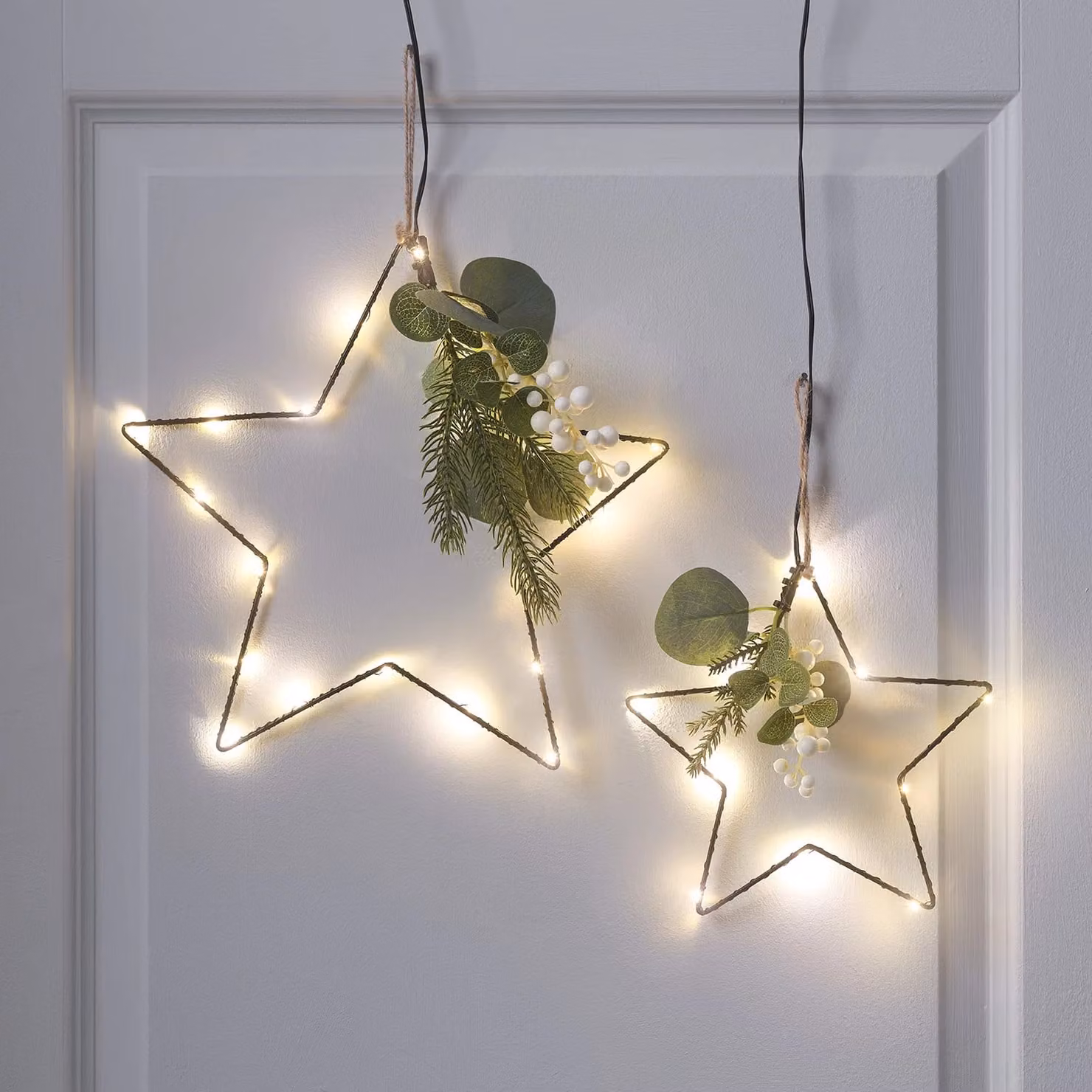 Lights4fun Set of 2 Black Iron Stars with 30 Micro LEDs and Winter Faux Foliage – 1