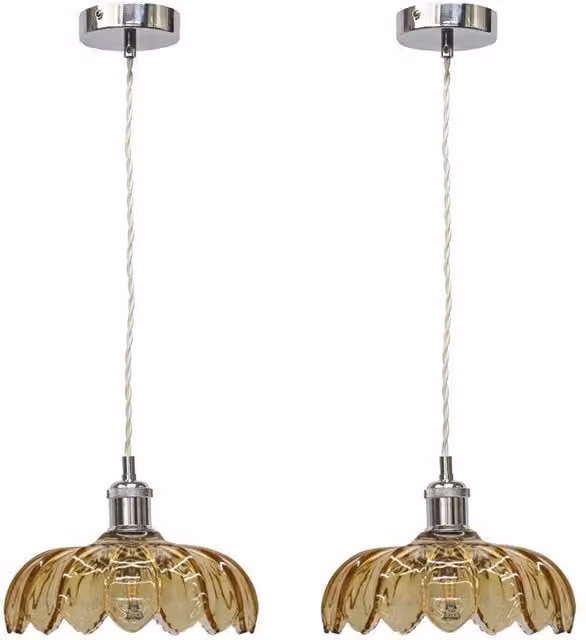 First Choice Lighting Alice Set of 2 Amber Leaf Design Glass Pendant Shades with Chrome Flex Set