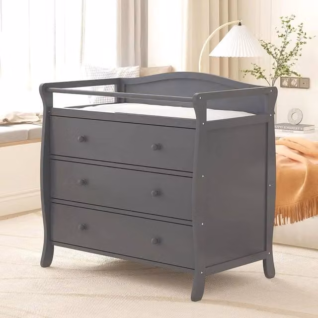 VOGREX 3-Drawer Wooden Infant Diaper Changing Table in Grey
