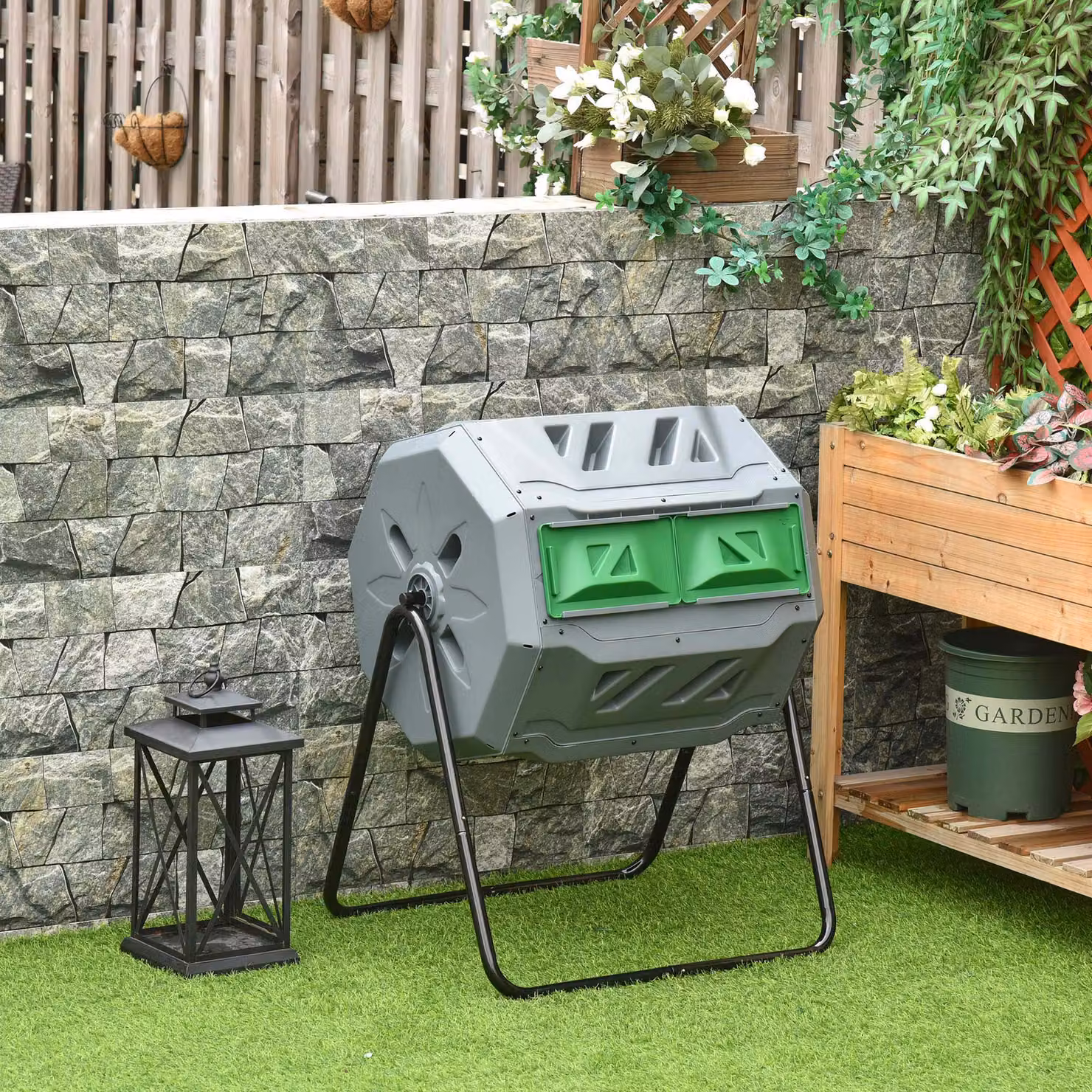 Outsunny 160L Dual Chamber Rotating Tumbling Compost Bin with Sliding Doors and Steel Frame, Grey – 2