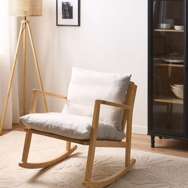 Wyld and Coco Rocking Armchair in Light Beige Fabric with Rubberwood Frame