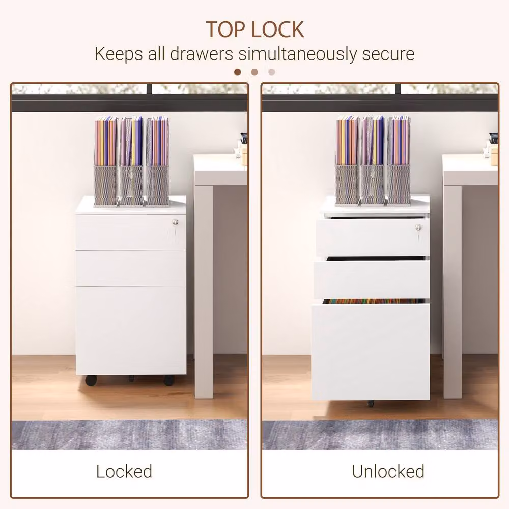 STILVORA Mobile Filing Cabinet with 3 Drawers and Lock in White – 5