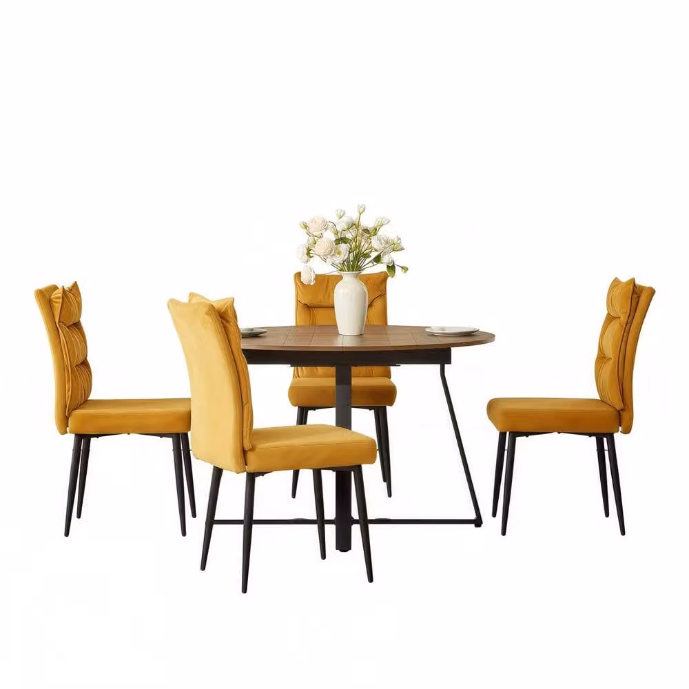 FURNITURE ONE 5-Piece Dining Set with Expandable Round Wood Table and 4 Upholstered Chairs in Brown – 3