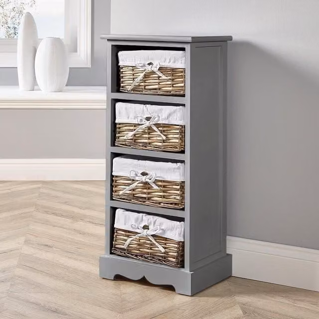 Home Source Lichfield 4 Wicker Basket Drawer Chest Storage Unit in Grey