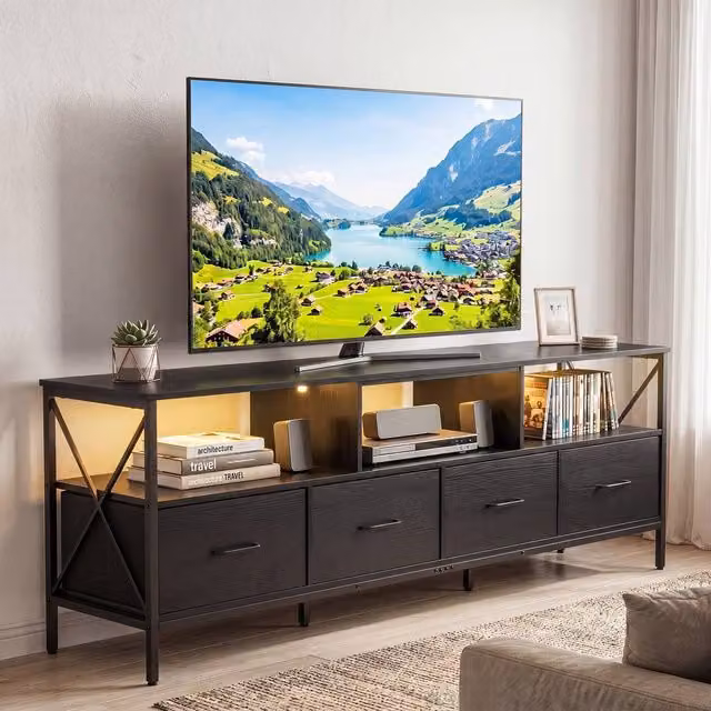 Gymax LED Entertainment Center for TVs up to 80 inch, Extra Long Industrial TV Unit with 4 Drawers, Black – 1