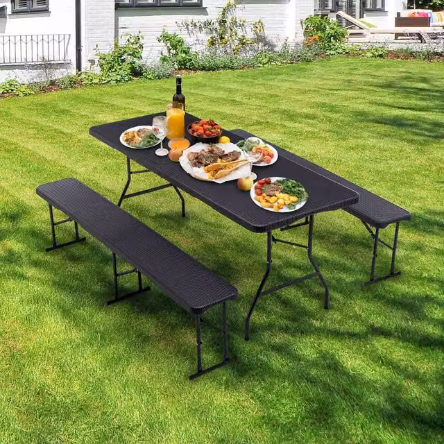 Birchtree Black Folding Table and 2 Benches Set for Garden or Dining Room