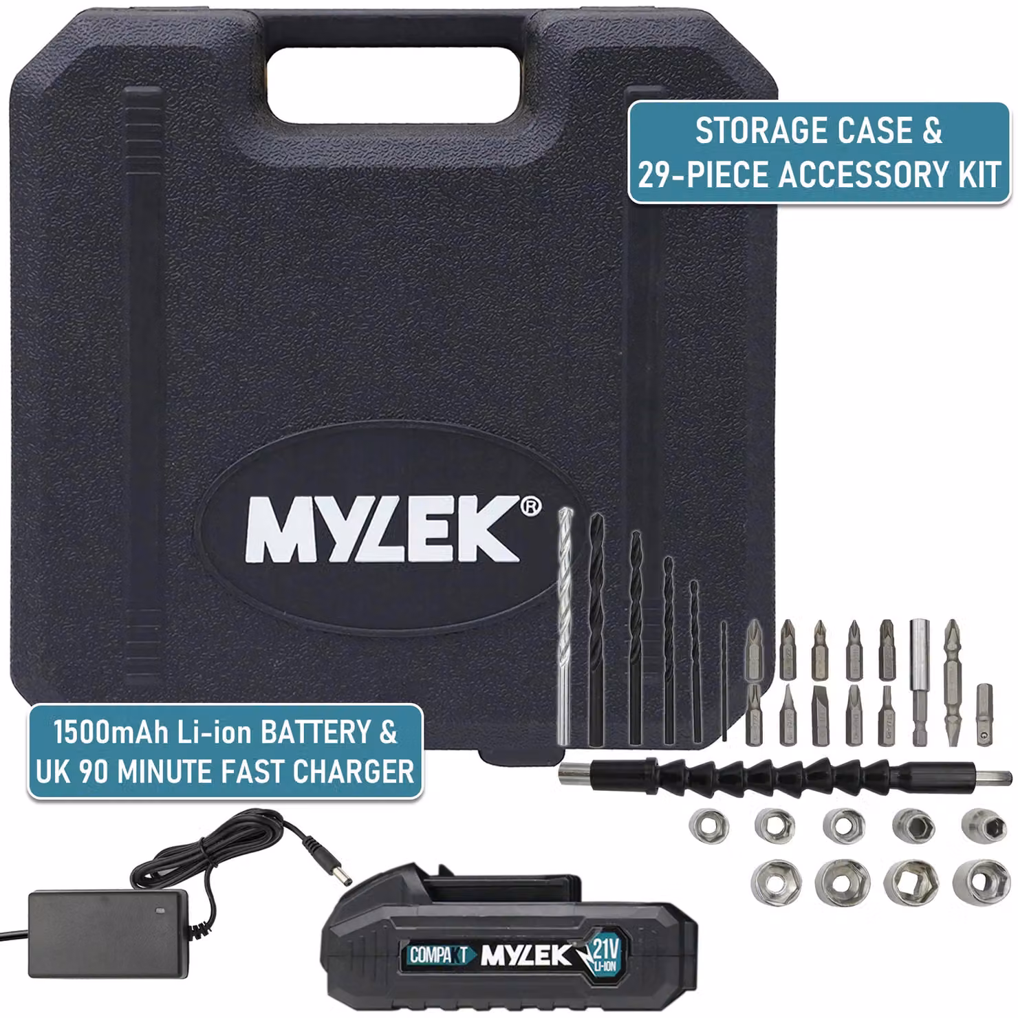 MYLEK 21V Cordless Li-ion Electric Drill and Screwdriver Set in Blue – 8