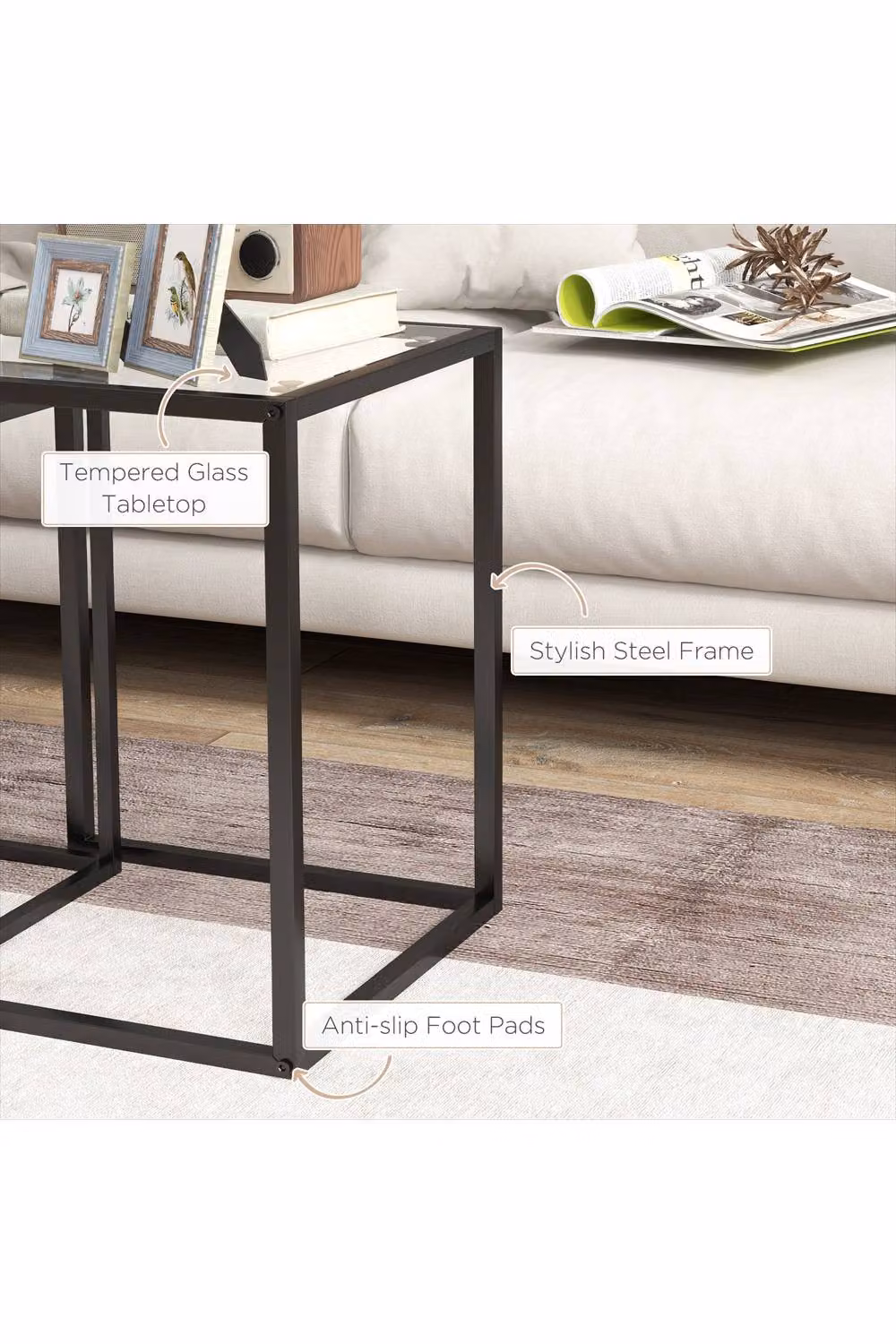 ERGOVEXA Nesting Side End Tables Set of 2 with Tempered Glass, Black – 3