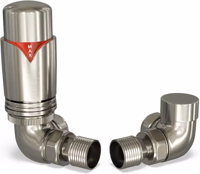 Derry Bold Thermostatic Radiator Valve and Lockshield Straight Set in Silver Nickel and White