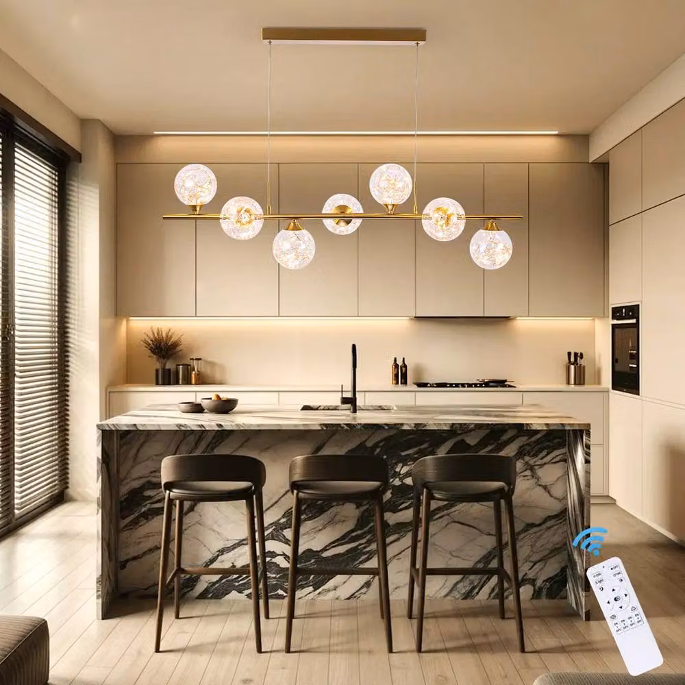 Garwarm 7 Light Linear LED Kitchen Island Pendant in Gold with Transparent Glass and Adjustable Height – 2