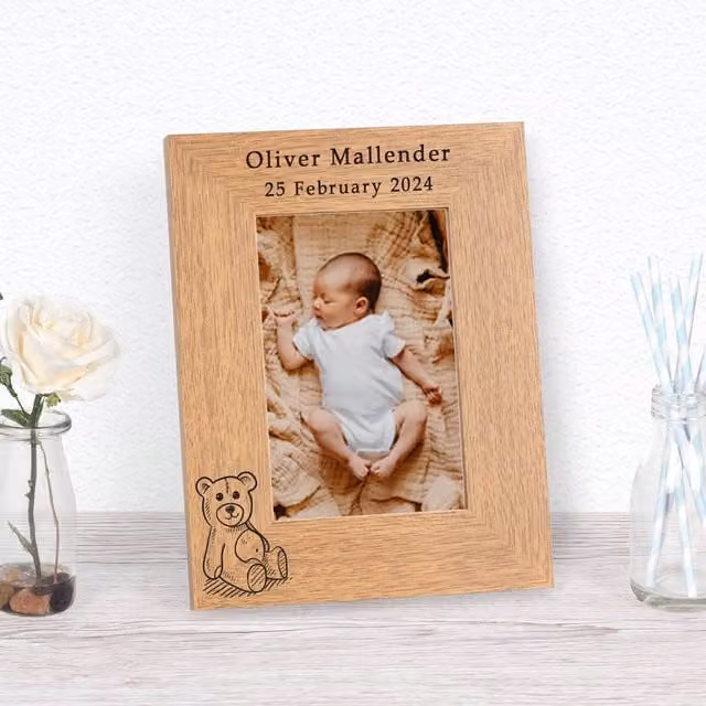 Uniqueful Personalised Teddy Bear New Baby Wood Picture Frame, Brown, 7x5 in