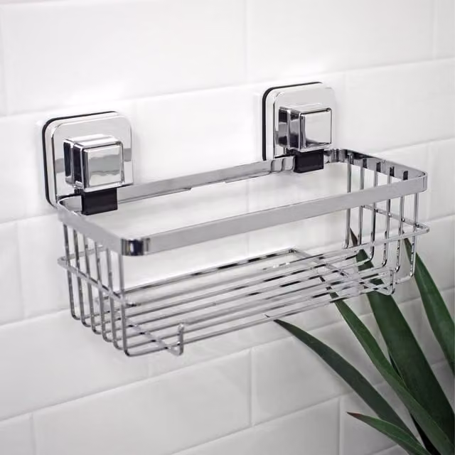 Showerdrape Pushloc Chrome Suction Wall Mounted Bottle Basket and Mounting Squares in Silver – 1