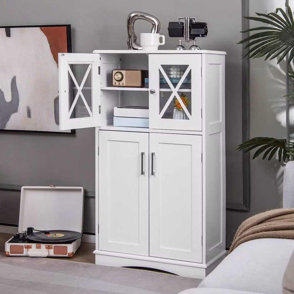 Gymax White Freestanding Bathroom Storage Cabinet with Glass Doors and Internal Shelves, Height: 108 cm – 2