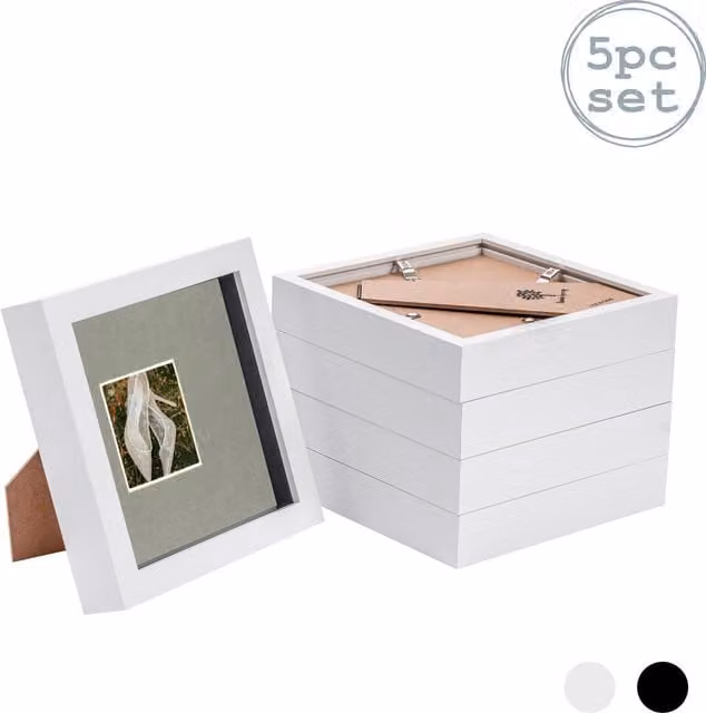 Nicola Spring Pack of 5 3D Box Photo Frames with White Mount, 15.24 x 15.24 cm with 5.08 x 5.08 cm Opening