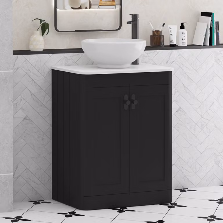 Royal Bathrooms Henley 600mm Floor Standing 2 Door Vanity Unit in Matt Nocturne Black with Plain White Worktop and Breeze Basin
