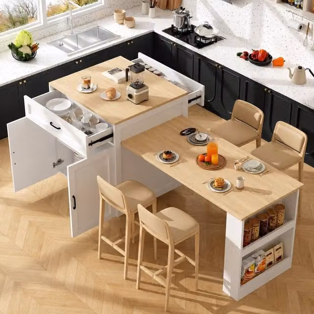 Merax White Extendable Kitchen Island Dining Table with Storage and Castors – 1