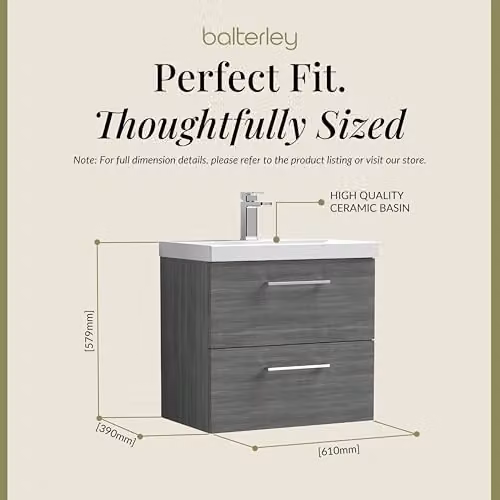 Balterley Wall Hung Bathroom Vanity Unit with Basin and 2 Soft Close Drawers, Woodgrain Anthracite, W: 61.0 cm, D: 39.0 cm, H: 57.9 cm – 2