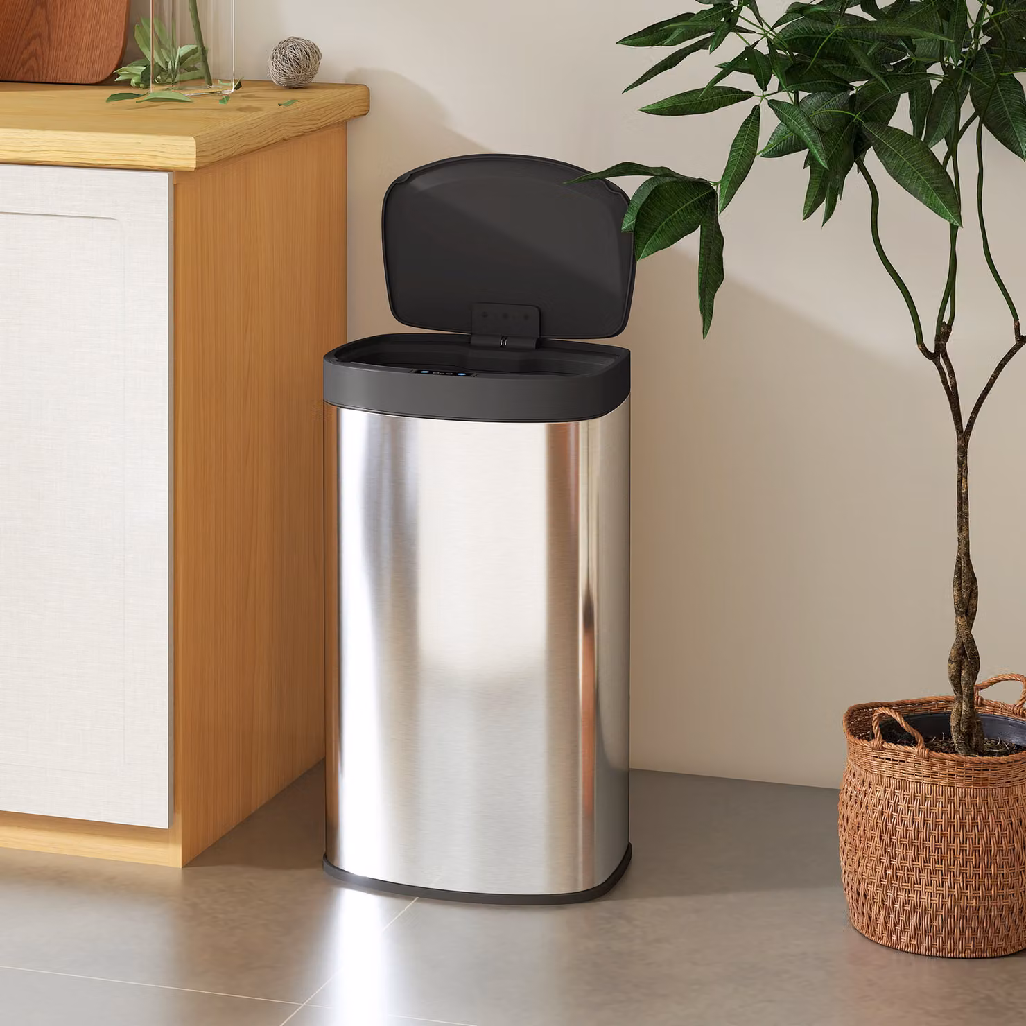 HOMCOM 55L Sensor Bin with Soft-Close Lid and Fingerprint Resistant Stainless Steel in Silver Tone – 9