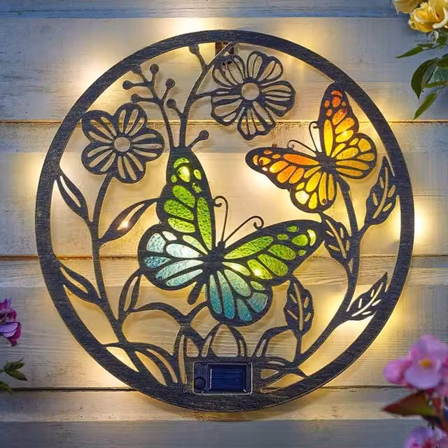 Garden Mile Solar Butterfly Stained Glass Effect LED Wall Art Light in Black, Blue, Green and Multicolour
