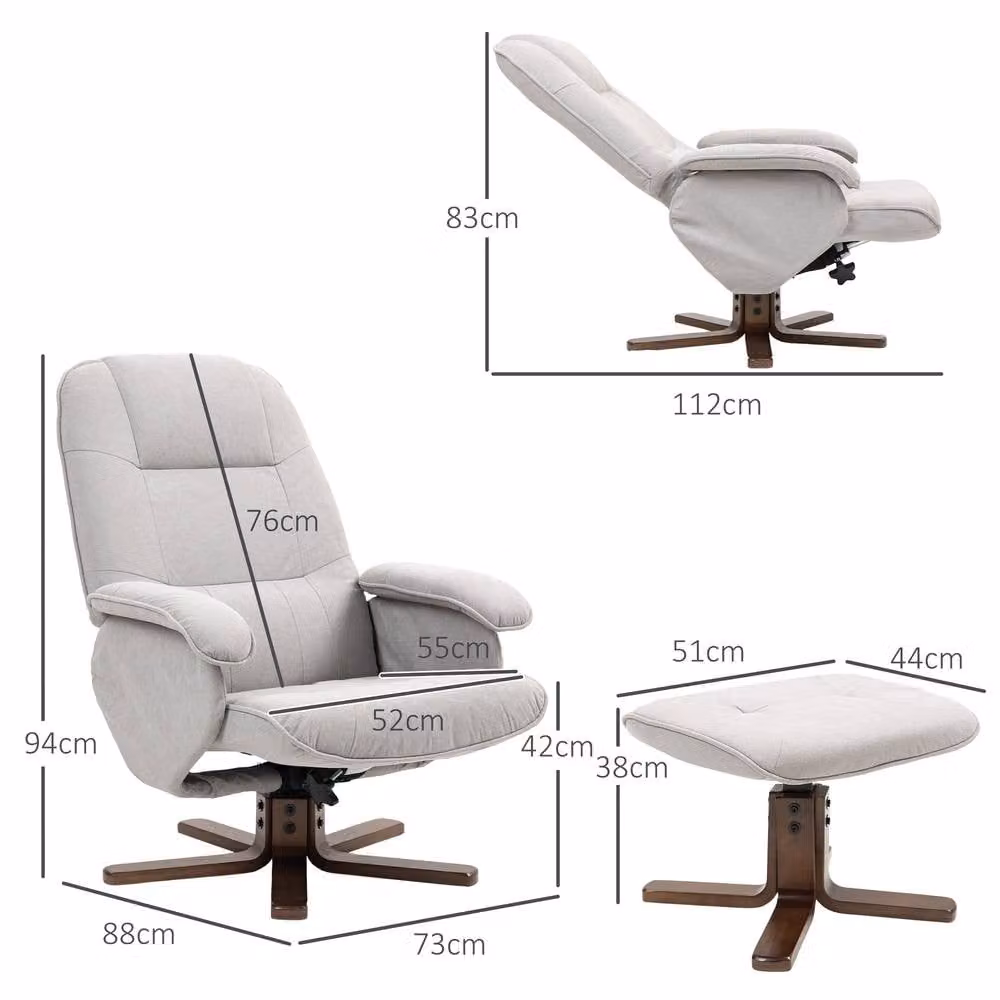 STILVORA Modern Grey Fabric Recliner Chair with Matching Ottoman and 360 Degree Swivel Function – 3
