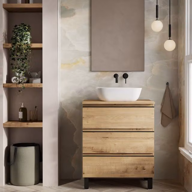 Banyetti Vatilla Floorstanding Bathroom Vanity with Matching Worktop in Ostippo Light Oak, W/D/H: 70 x 45 x 84 cm