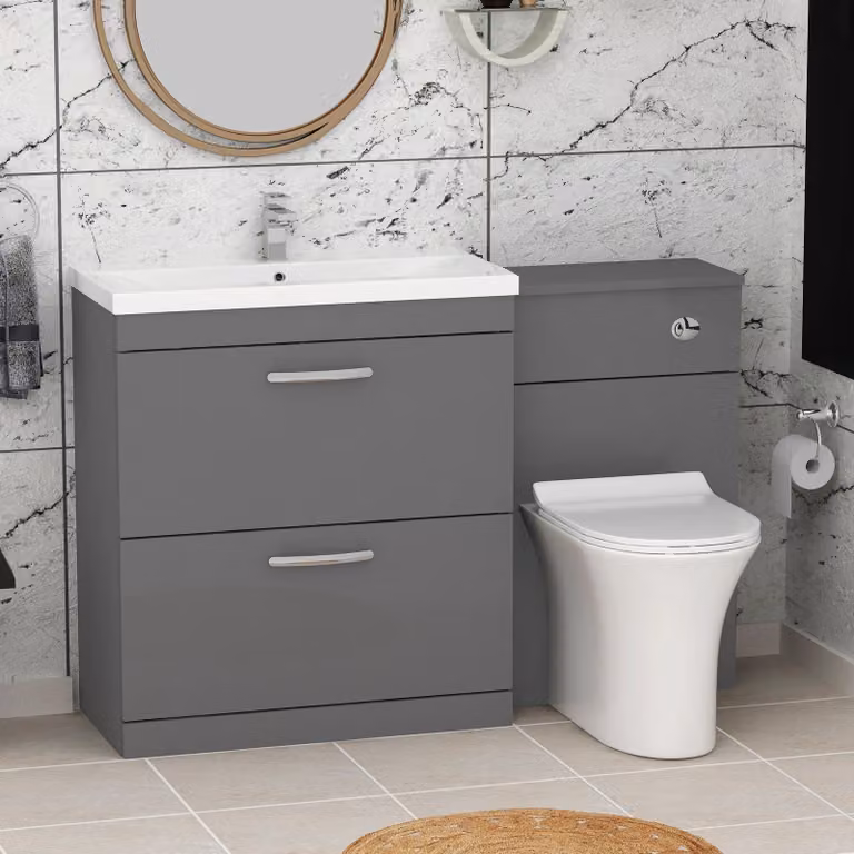 Royal Bathrooms Indigo Grey Gloss 2 Drawer Furniture Pack with Mid Edge Basin and Slim Breeze Back to Wall Toilet, Width: 130 cm