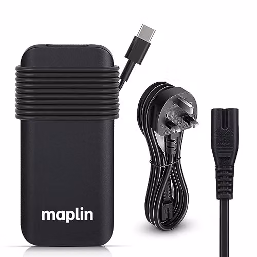 Maplin 100W USB-C Laptop Charger with USB-A Fast Charge Port and 3.35m Cable in Black
