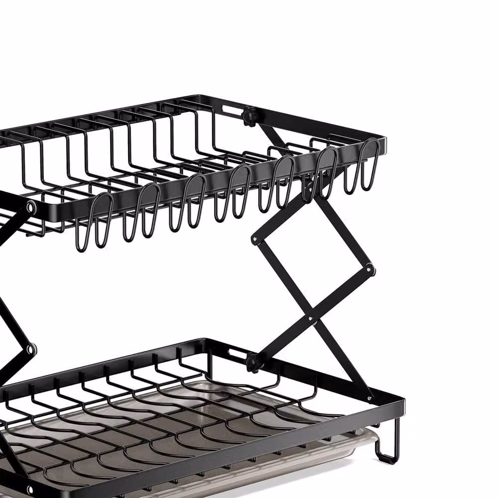 Garden Sanctuary Foldable 2-Tier Metal Dish Drying Rack with Drip Tray, Black – 5