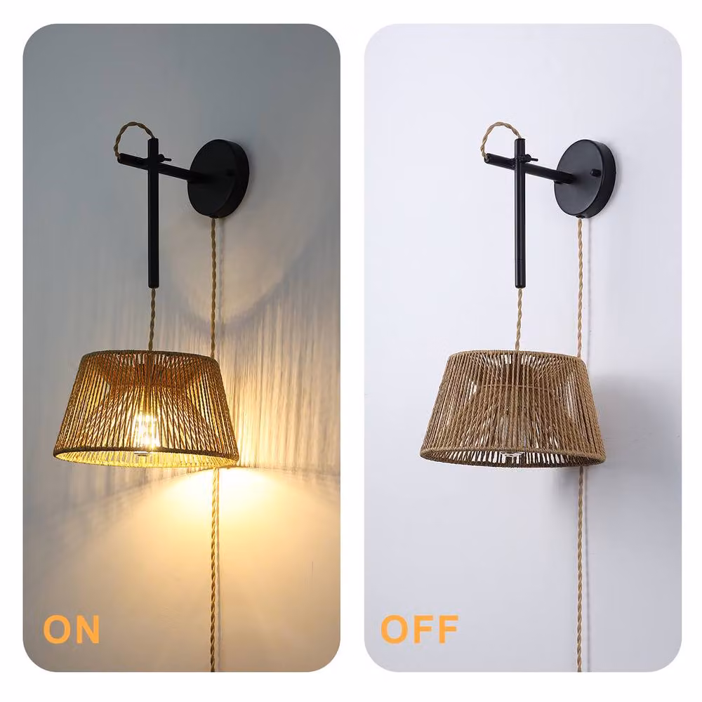 NIVOR Rattan Plug-in Wall Light with Adjustable Swing Arm and E27 Bulb in Brown – 3