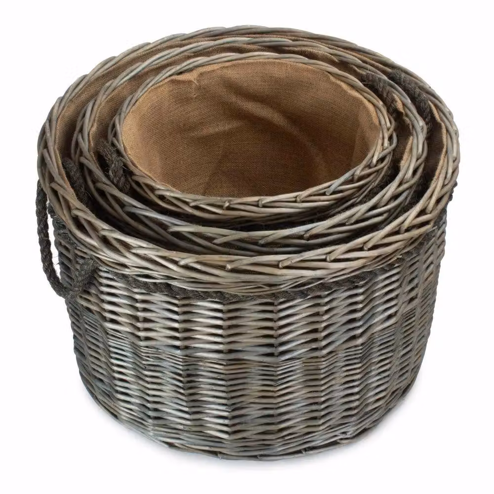 Red Hamper Set of 3 Antique Wash Round Open Weave Rattan Storage Log Baskets in Light Brown and Red with Handles – 2