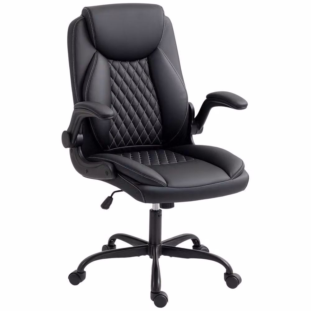 Rolipo Black Faux Leather Modern Task Office Chair with Flip-Up Armrests – 2