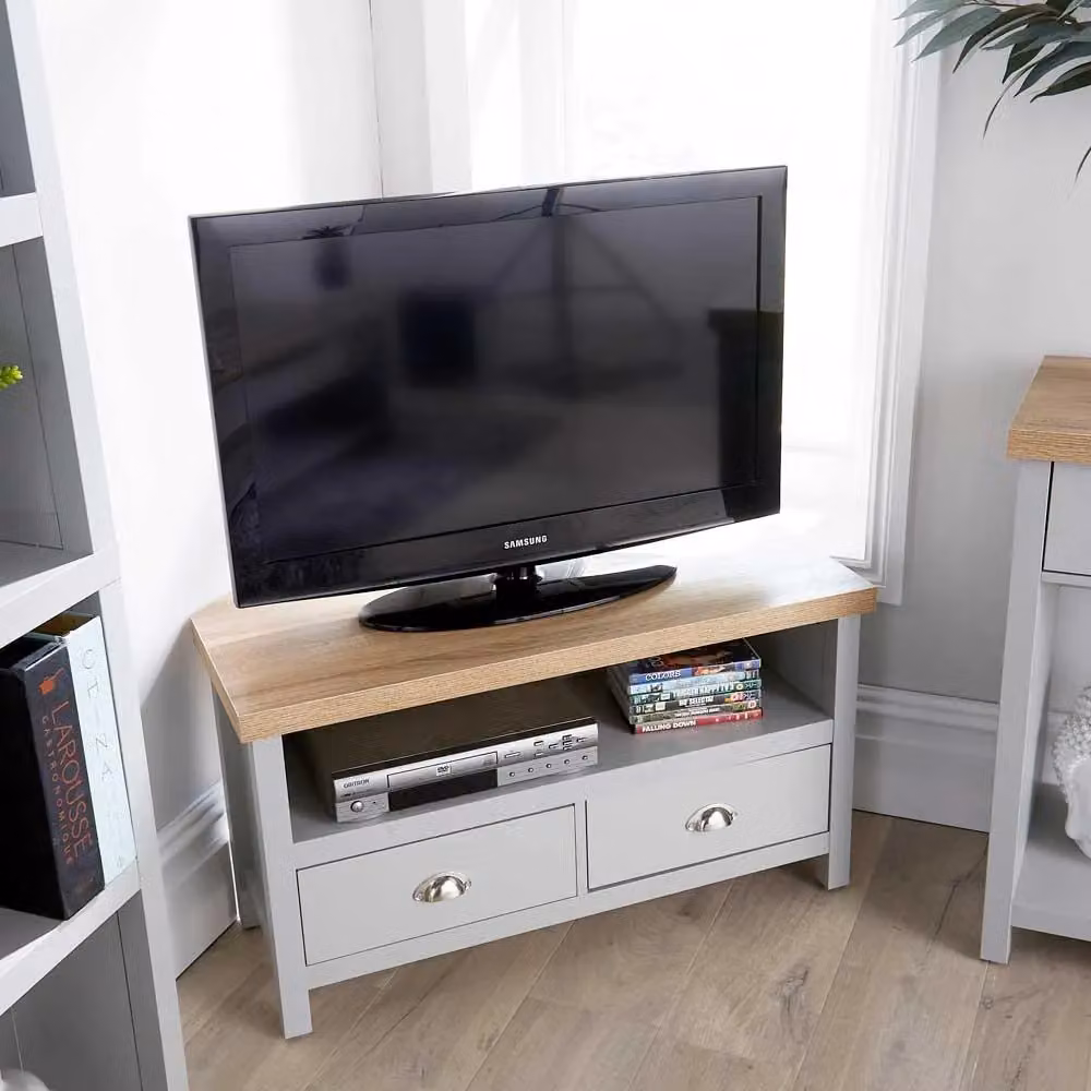 Home Source Oak Two Tone Corner TV Stand with One Drawer in Grey – 4