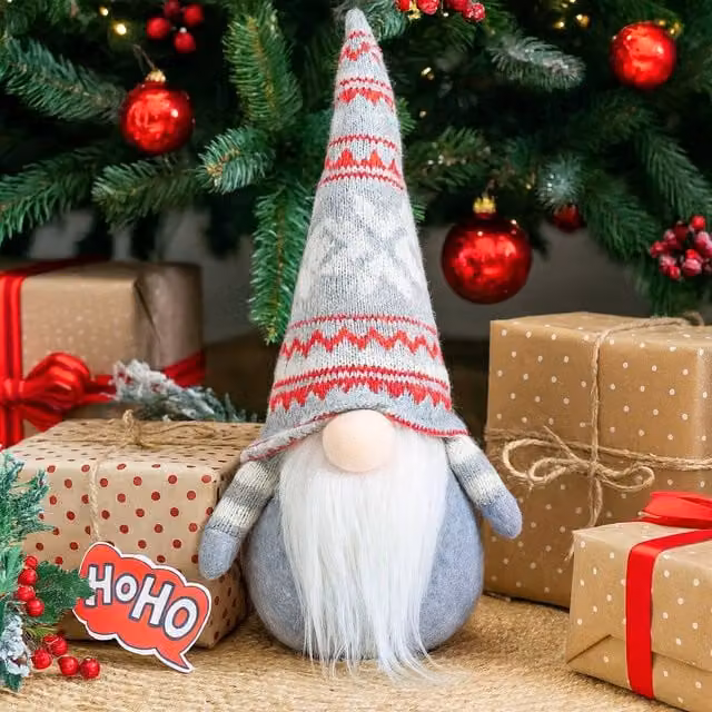 Voltico Christmas Gnome Decoration Grey and Red Scandinavian Plush Gonk Ornament, Height: 25 cm