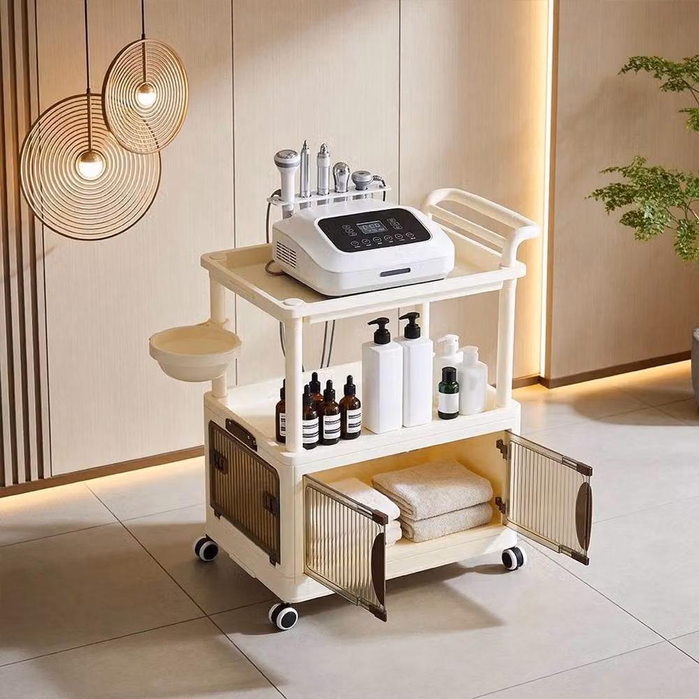 EONLION Beige Rolling Kitchen Cart with Cabinet and Open Shelf, W/D/H: 51 x 36 x 73 cm – 3
