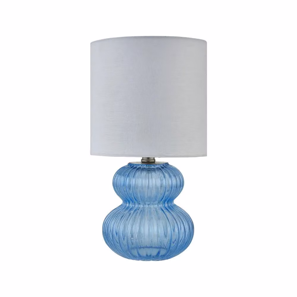First Choice Lighting Walter Set of 2 Blue Ribbed Glass Table Lamps with White Fabric Shades – 2