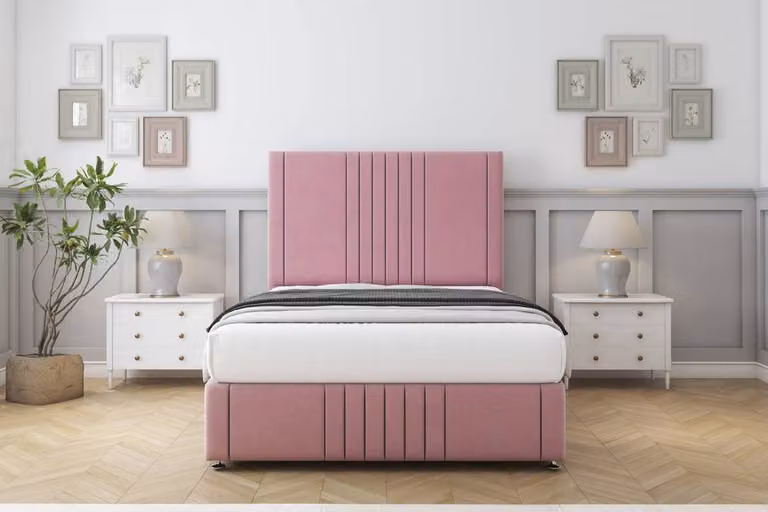 Sloomy Harrington Plush Divan Set in Pink with 26 inch Headboard and Footboard, Super King Size