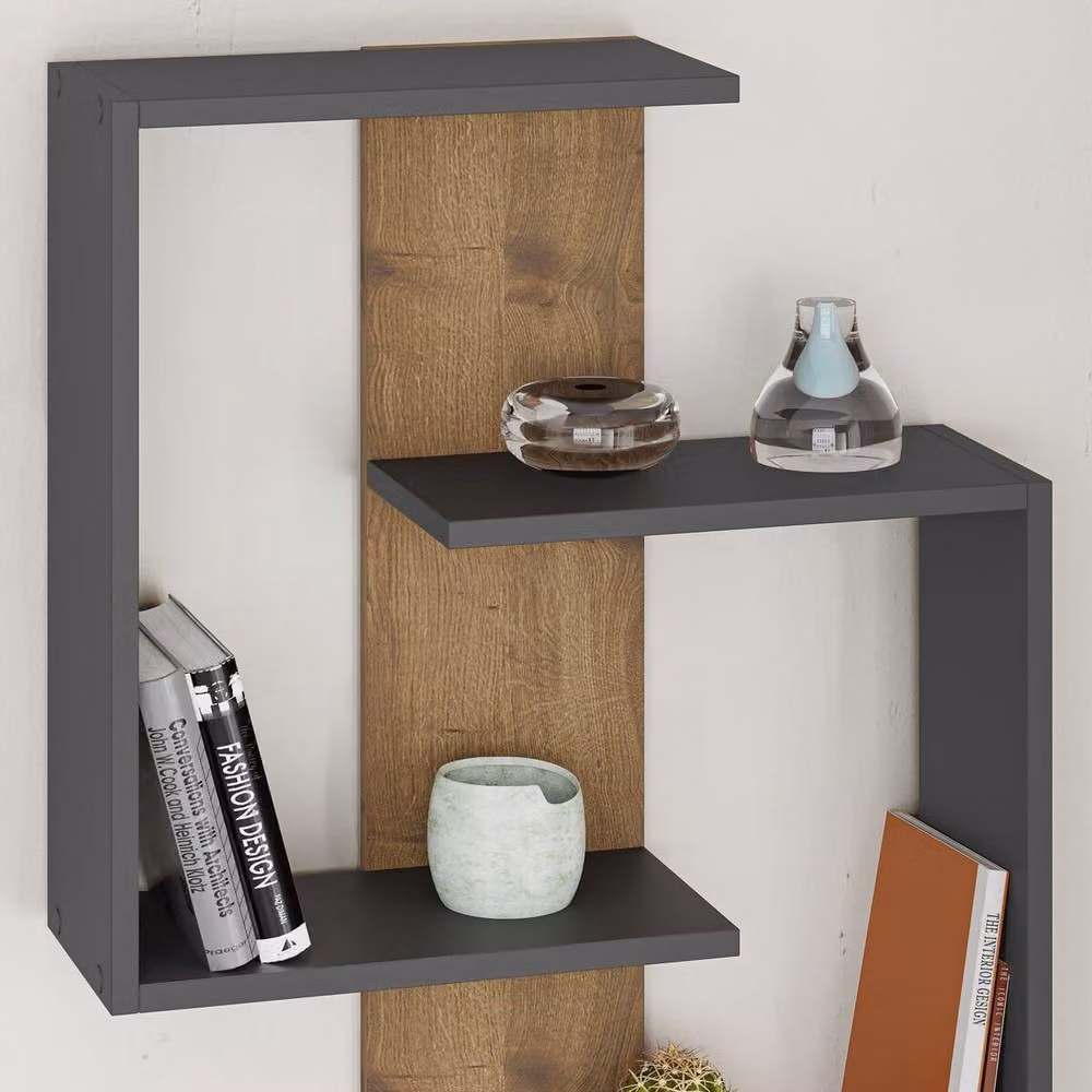 CALICOSY Wall Mounted Shelf in Oak and Anthracite Grey, Height: 85 cm – 4