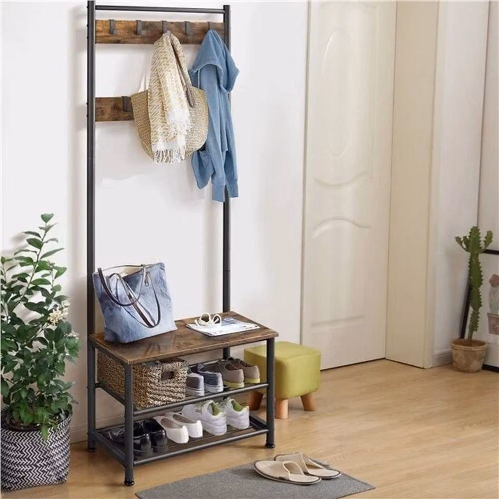 Kelvenix Brown Industrial Hall Tree with Bench, Shoe Rack and Movable Hooks – 4