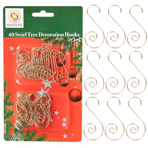 SHATCHI 40-Piece Gold Metal Swirl S Hooks for Christmas Tree Baubles and String Lights – 1