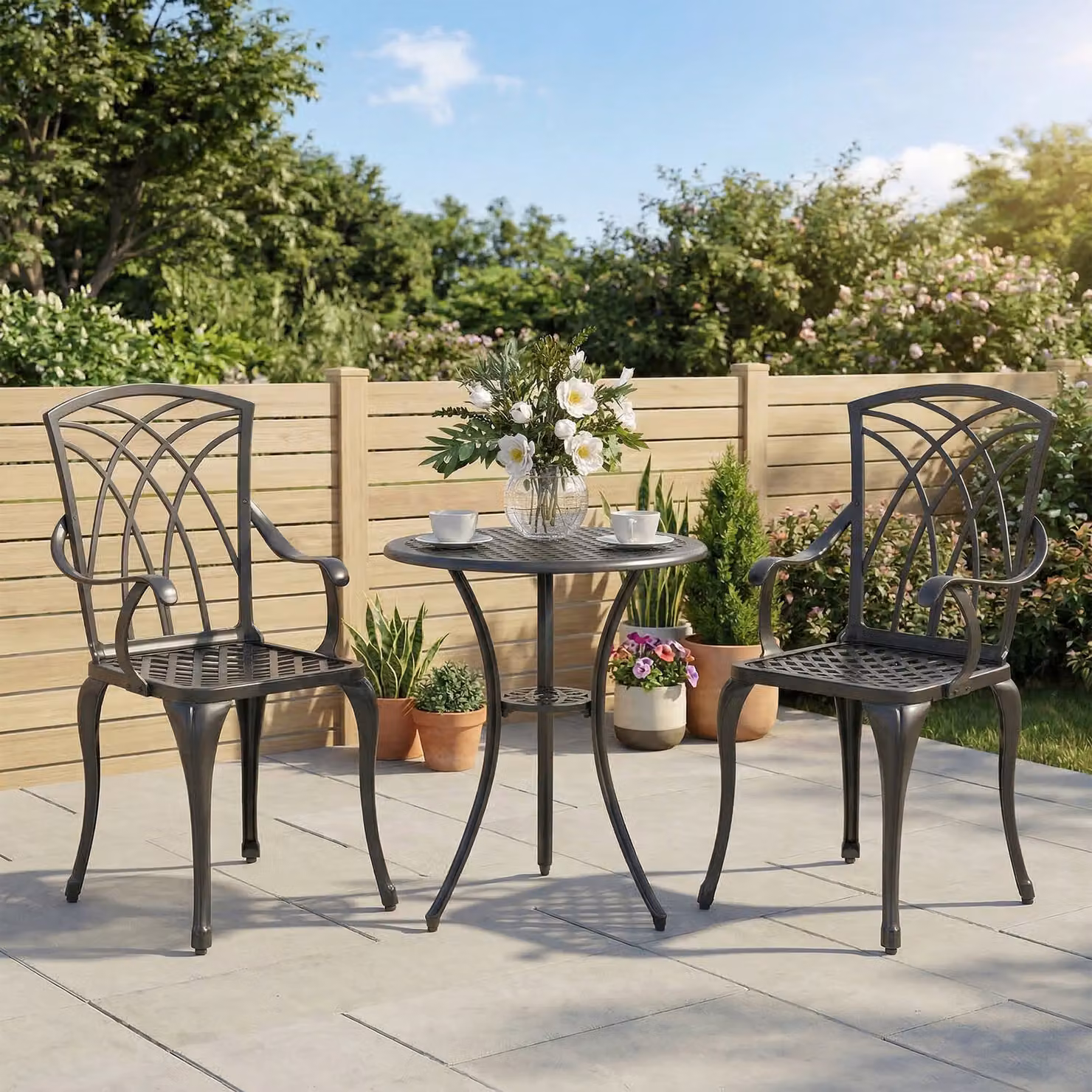 Outsunny 3 Piece Cast Aluminium Bistro Set with Round Coffee Table and 2 Chairs for Garden and Balcony – 2