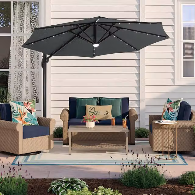 Livingandhome Dark Grey Cantilever Garden Parasol with Solar-Powered LED Lights